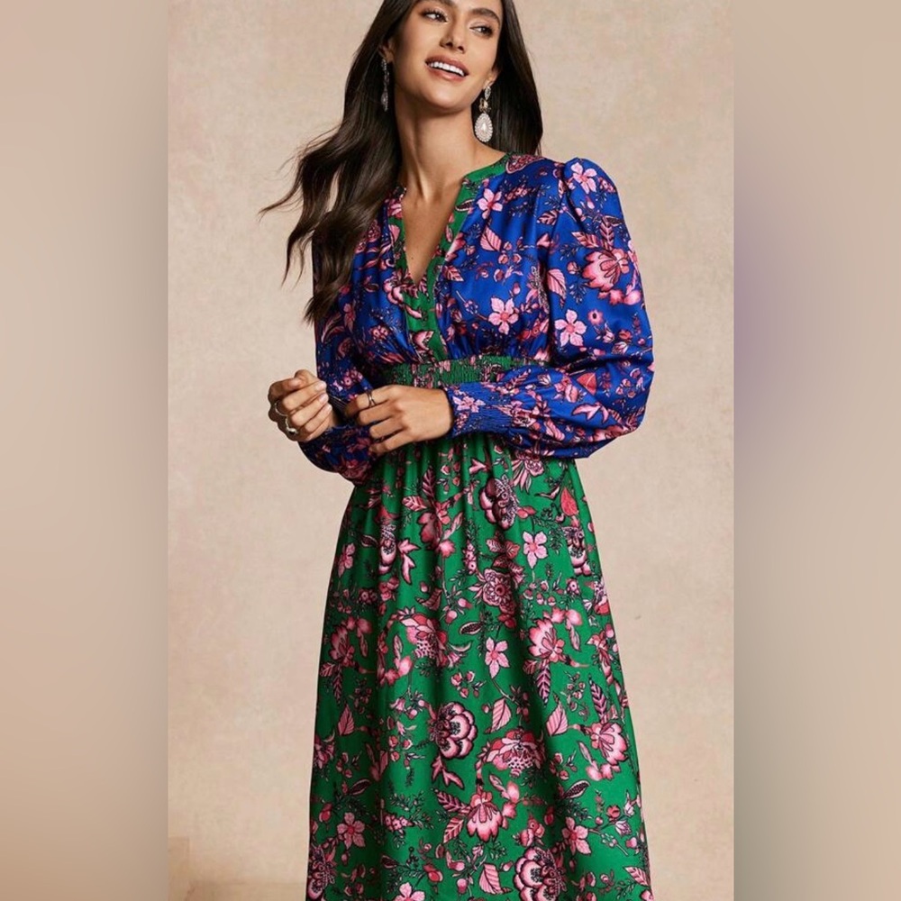 SHEIN Blue and Green Floral Long Sleeve Midi Dress